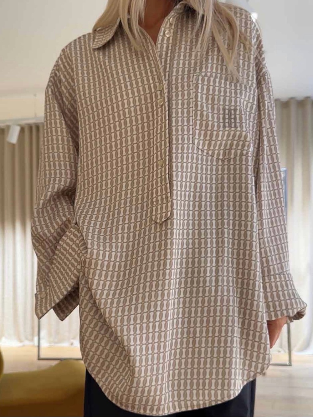 By Malene Birger Taupe Beige Printed Silk Tunic Shirt